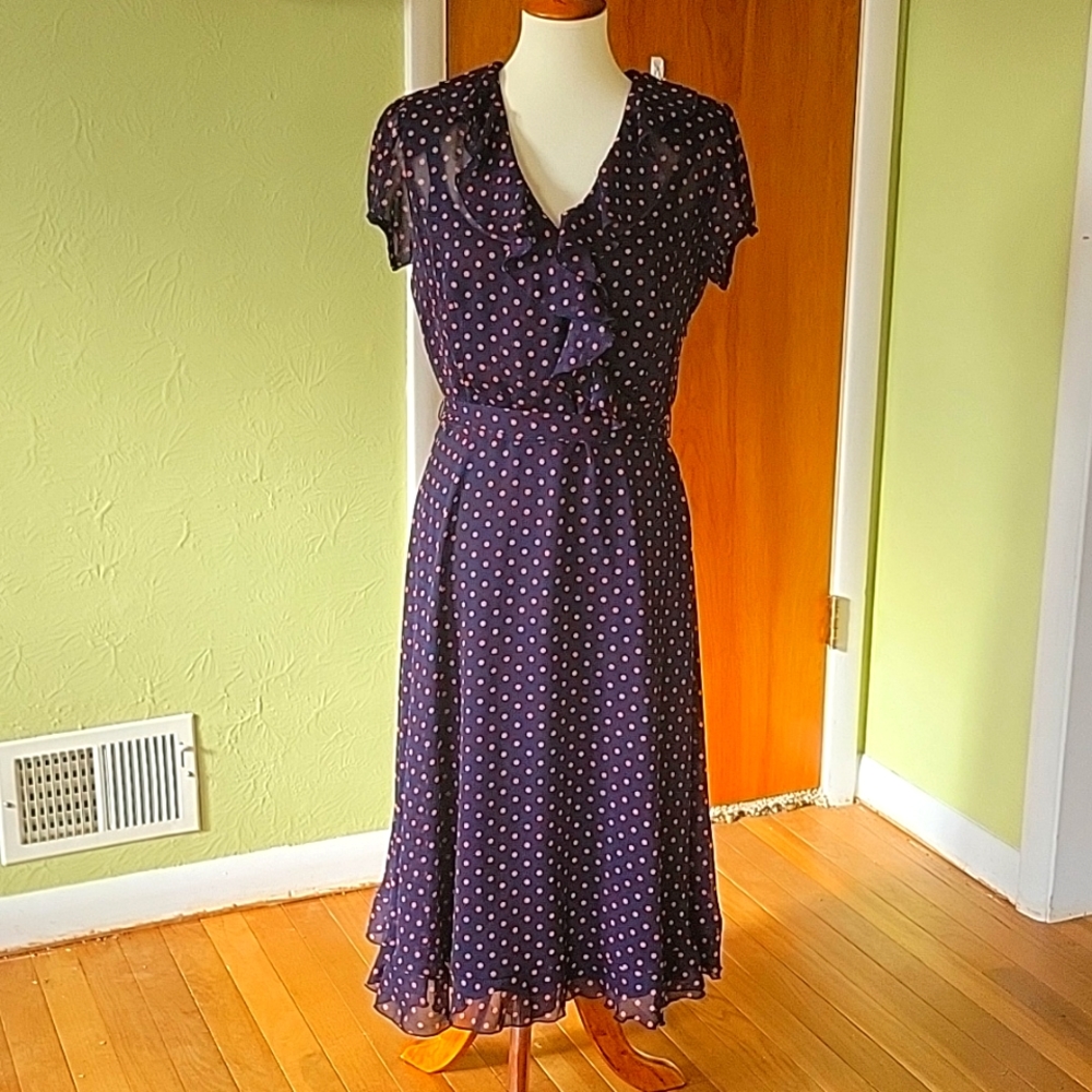 Navy w/ coral polka dots maxi dress